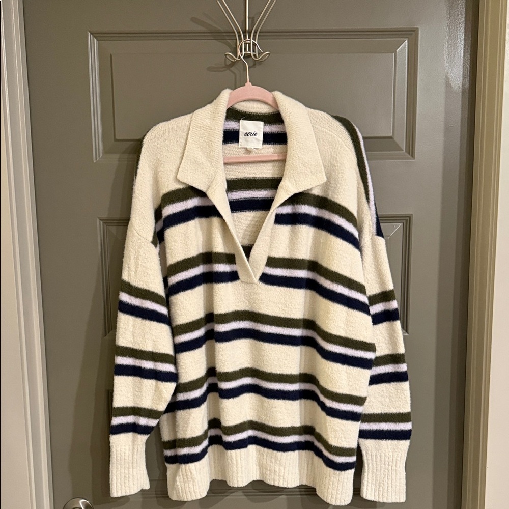 Aerie Cream V-Neck Sweater with Black and Green Stripes